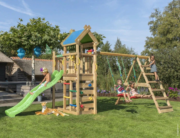 Wooden climbing frame with swings & climbing net