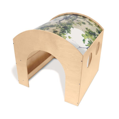 Wooden reading nook with a patterned top on a white background