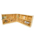 A light natural wood modular wall-mounted storage shelf unit with open cubbies, shown open and filled with children's toys and books on a white background.