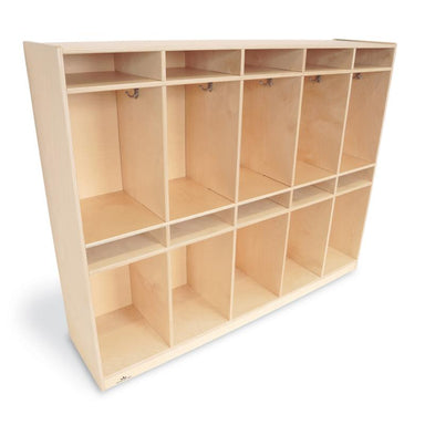 Wooden storage unit with multiple compartments and hooks on a white background