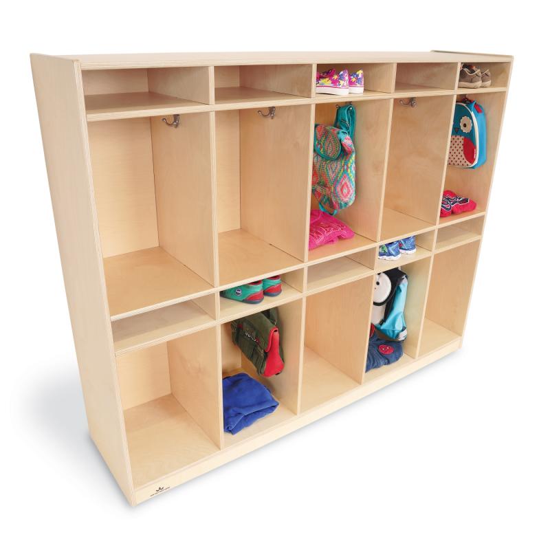 Wooden locker with various colorful items inside on a white background