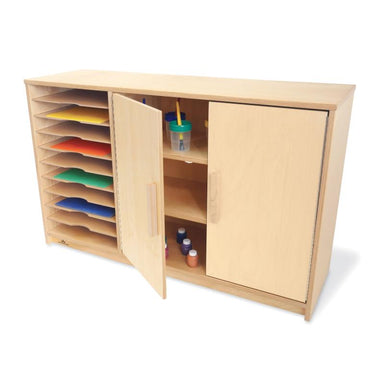Wooden storage cabinet with colorful trays and art supplies on a white background