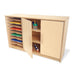 Wooden storage cabinet with colorful trays and art supplies on a white background