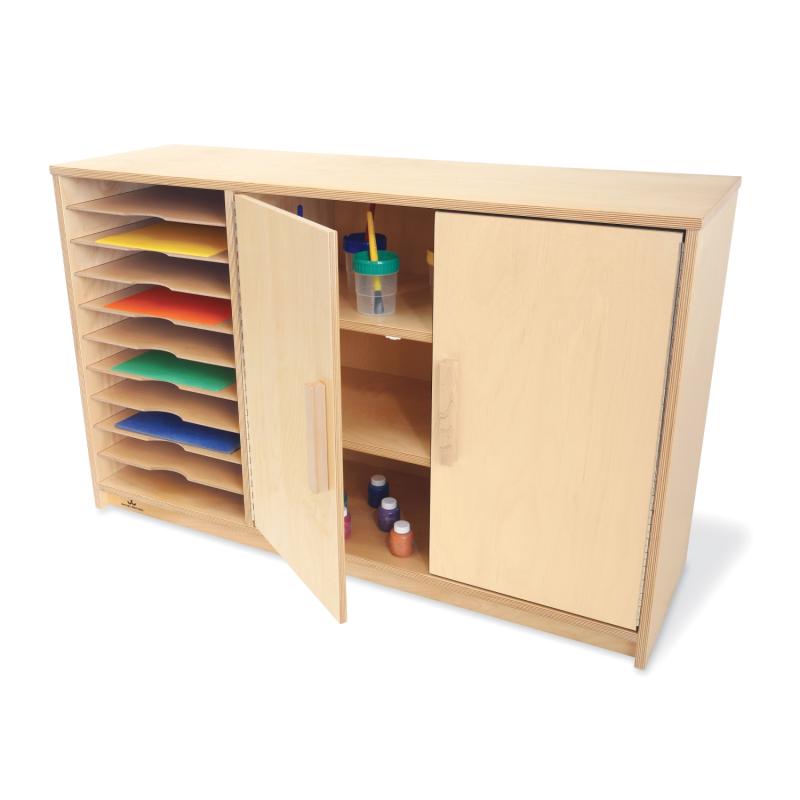 Wooden storage cabinet with colorful trays and art supplies on a white background