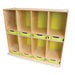 A light natural wood cubby storage shelf with eight compartments, each holding a bright lime green plastic storage bin, shown on a plain white background.
