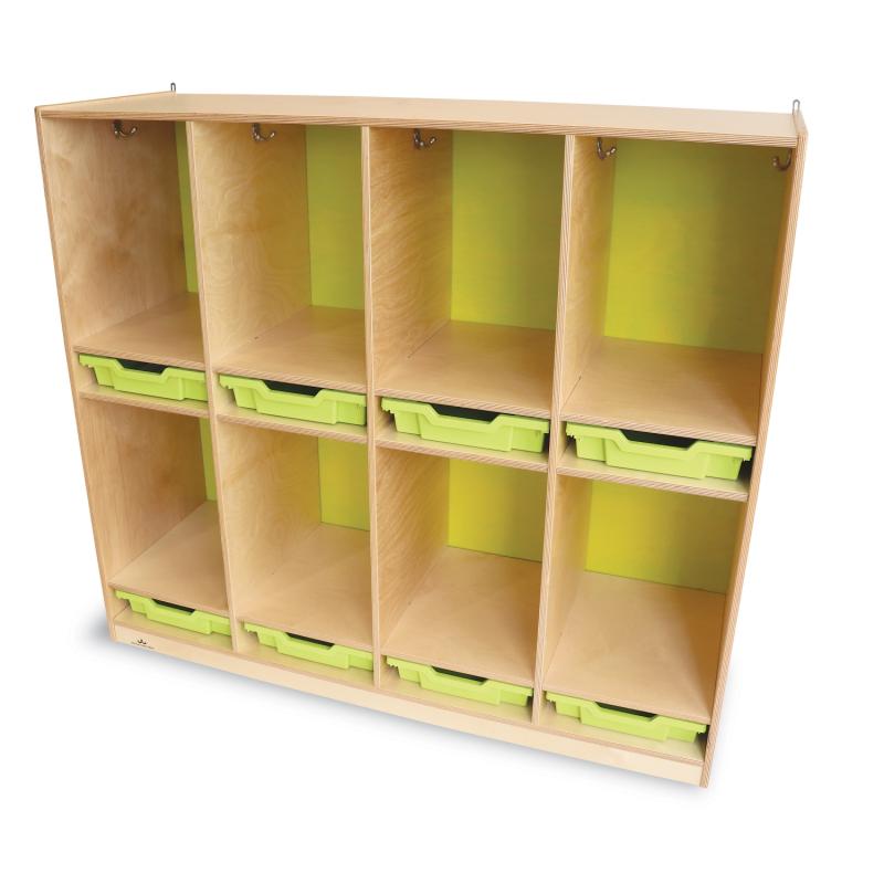 A light natural wood cubby storage shelf with eight compartments, each holding a bright lime green plastic storage bin, shown on a plain white background.