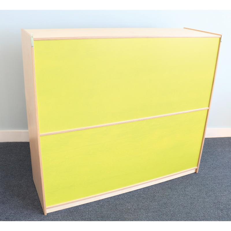 A two-drawer chest or cabinet with bright yellow-green front panels and a light natural wood frame, shown standing on a gray carpet against a pale blue wall.