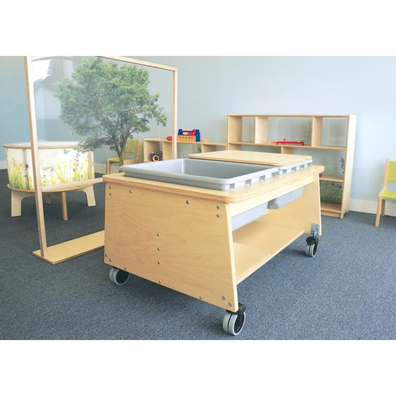 Wooden mobile cart with sensory bins in a classroom setting