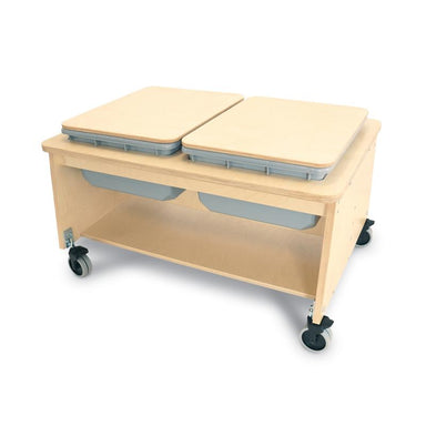 Wooden cart with two sliding trays for sand and water on wheels against a white background