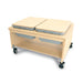Wooden cart with two sliding trays for sand and water on wheels against a white background
