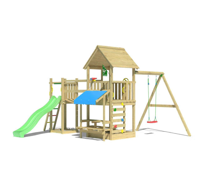 Wooden climbing frame with swing